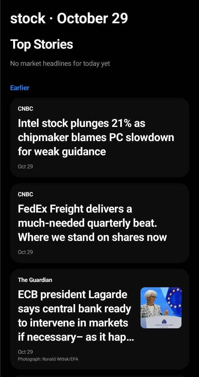 Stock business news alongside the watchlist, captured October 29